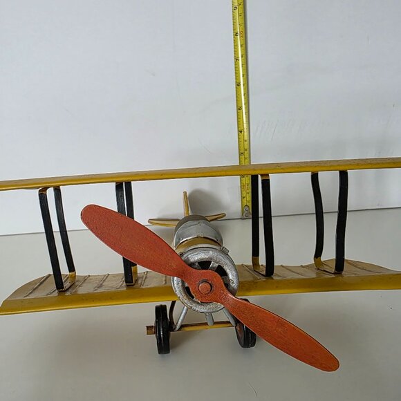 Vintage Metal Military Airplane Yellow Bi Plane K 3215  11” - Picture 2 of 7